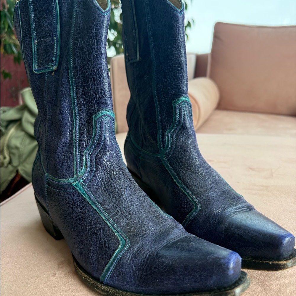 Old Gringo Navy Blue Leather Western Ankle Boots with Teal Stitching
